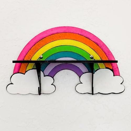 Enchanted Rainbow In The Clouds STENCILS INCLUDED Paint-It-Yourself Hanging Shelf Arts and Crafts Kit for Adults or Kids with Hook Hangers Unfinished Wood