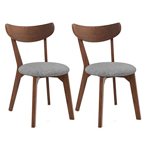 COSTWAY Dining Chairs Set of 2, Mid-Century Modern Kitchen & Dining Chairs with Curved Back and Cushioned Seat, Walnut Finished Wood Living Room Side Chairs for Kitchen, Dining Room, Bistro