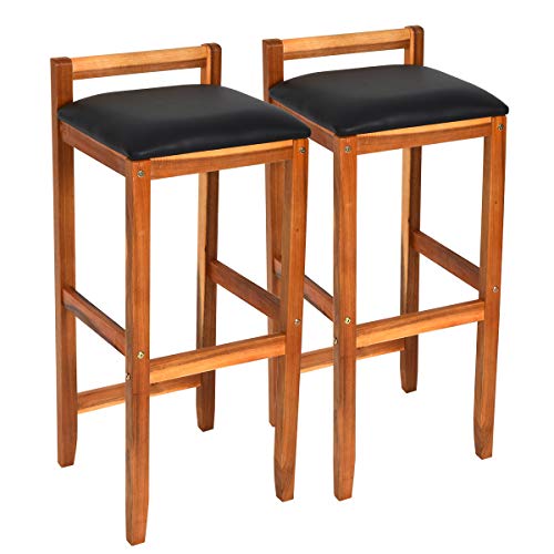 COSTWAY Set of 2 Solid Wood Bar Stool, Counter Height Stool, Acacia Bar Chair Set, with Foot Brace Bar, Protective Backrest, Stable Legs, Ideal for Kitchen, CafŽ, Restaurant, Bar and Hotel