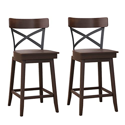 COSTWAY Swivel Bar Stool Set of 2, 24 Inch Ergonomic Counter Height Chairs with Open X Back & Footrest, 2PCS Vintage Wooden Barstools for Kitchen Island, Pub, Bistro, Café, Brown (2, 24 inch)