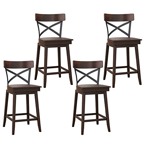 COSTWAY Swivel Bar Stool Set of 4, 24 Inch Ergonomic Counter Height Chairs with Open X Back & Footrest, 4PCS Vintage Wooden Barstools for Kitchen Island, Pub, Bistro, Café, Brown (4, 24 inch)