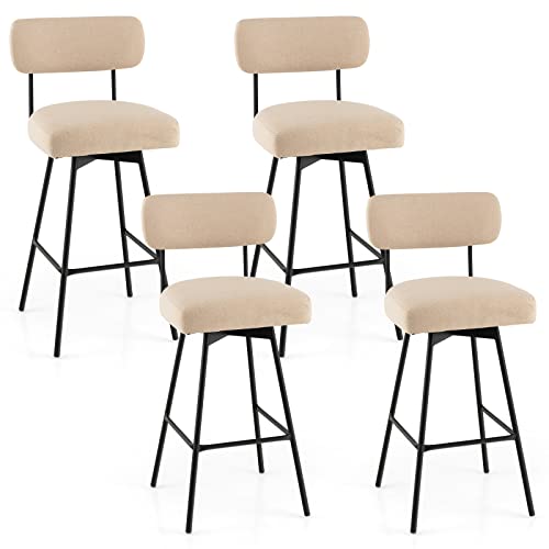 COSTWAY Bar Stools Set of 4, 29Ó Upholstered Bar Height Chairs with Back, 360¡ Swivel Bar Chairs with Heavy-Duty Metal Legs and Footrests, Fabric Seat for Kitchen Island, Dining Room, Bar (4, Beige)