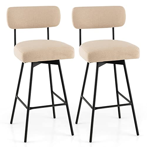 COSTWAY Bar Stools Set of 2, 29Ó Upholstered Bar Height Chairs with Back, 360¡ Swivel Bar Chairs with Heavy-Duty Metal Legs and Footrests, Fabric Seat for Kitchen Island, Dining Room, Bar (2, Beige)