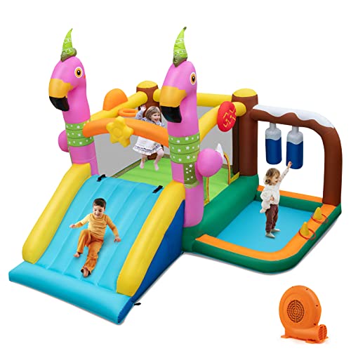 COSTWAY Flamingo-Themed Bounce Castle 7-in-1 Kids Inflatable Jumping House w/750W Blower