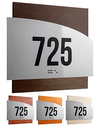 Bsign Apartment Door Numbers - Room Number Sign with ADA Compliant Braille - Steel & Wood Door Sign, Personalized House Number Sign for Office, Hotel, Wall, Business, Schools