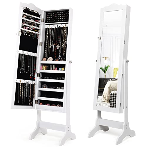 COSTWAY Mirror Jewelry Cabinet Armoire, 4-Angle Tilting Jewelry Organizer with Full-length Mirror and Large Storage Capacity, Lockable Standing Jewelry Armoires for Bedroom, Dressing Room (White)