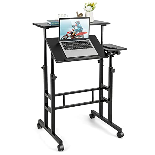 COSTWAY Mobile Standing Desk, Laptop Cart with Flip-Over Desktop, Overbed Table with Wheels, Computer Desk for Standing or Sitting, Height Adjustable Workstation for Home & Office (Black)