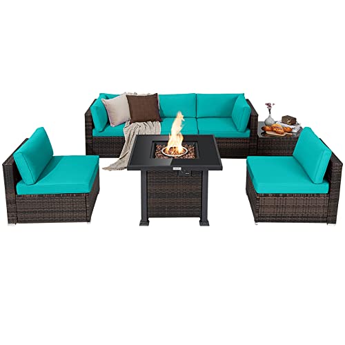 COSTWAY 7PCS Patio Rattan Furniture Set Fire Pit Table Cover Glass Top Cushion Turquoise