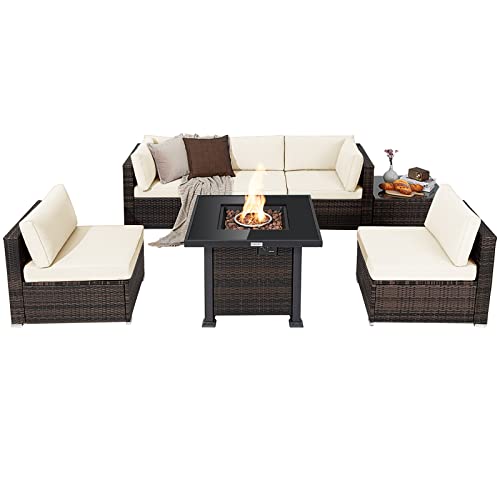 COSTWAY 7PCS Patio Rattan Furniture Set Fire Pit Table Cover Glass Top Cushion Off White