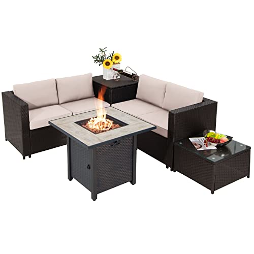 COSTWAY 5 PCS Patio Rattan Furniture Set 30" Fire Pit Table W/Cover Cushion Beige