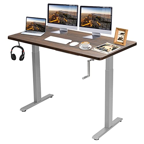 COSTWAY Crank Height Adjustable Standing Desk, w/Folding Crank, Headphone Hook & Cable Tray, 48 Inch Stand up Computer Workstation w/Solid One-Piece 1" Table Top for Home & Office (Grey+Mahogany)