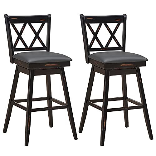 COSTWAY Bar Stool Set of 2, 360 ¡Swivel Bar Height 29.5 inch Bar Stool with Foot Rest Upholstered Cushion & Ergonomic Backrest, Sturdy Frame, for Pub, Restaurant, Home (2, Black + Grey)