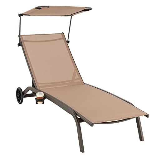 COSTWAY Patio Chaise Lounge Chair Heavy-Duty Lounger Canopy Cup Holder Wheeled 6-Level