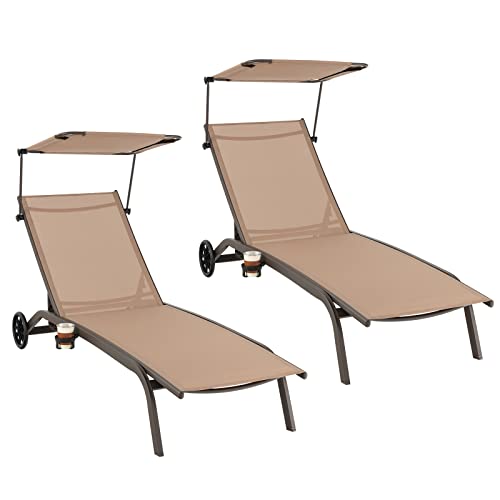 COSTWAY 2PCS Patio Chaise Lounge Chair Heavy-Duty Lounger Canopy Cupholder Wheeled Brown