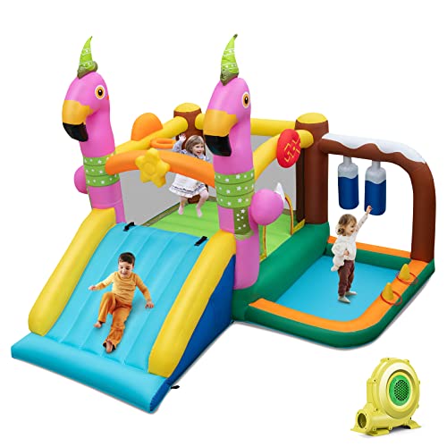 COSTWAY Flamingo-Themed Bounce Castle 7-in-1 Kids Inflatable Jumping House w/735W Blower