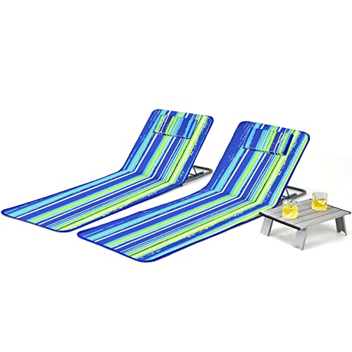 COSTWAY 3-Piece Beach Lounge Chair Mat Set 2 Adjustable Lounge Chairs with Table Stripe