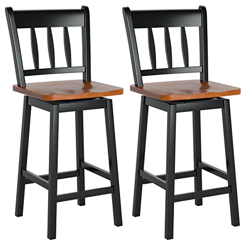 COSTWAY Bar Stools Set of 2, 24.5 Inch Solid Rubber Wood Bar Chairs with 360 ¡Swiveling, Footrest, Swivel Counter Height Barstools with Back Ideal for Kitchen Island, Counter, Pub(Set of 2, Black)