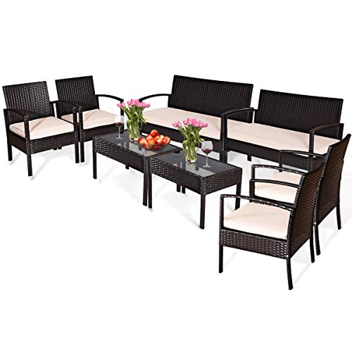 COSTWAY 8 PCS Patio Rattan Conversation Furniture Set Cushioned Seat Glass Tabletop