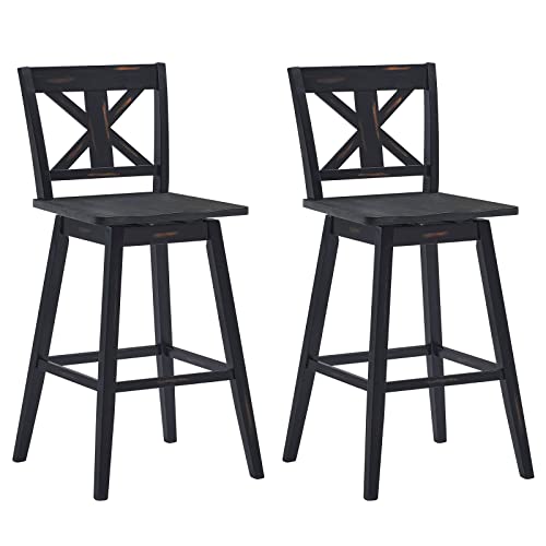 COSTWAY Bar Stools Set of 2, 360 Degree Swivel, 29-inch Height Chairs w/Non-Slip Foot Pads, Rubber Wood Bar Chairs, Vintage Bar Stools for Home, Restaurant (Black)