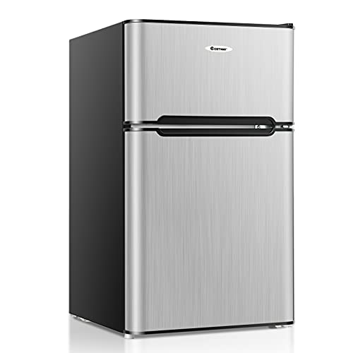 COSTWAY Compact Refrigerator, 2 Reversible Door 3.3 CU.FT. Mini Fridge and Freezer Compartment with Adjustable Thermostat & Removable Glass Shelves for Dorm Apartment Office (Silver)