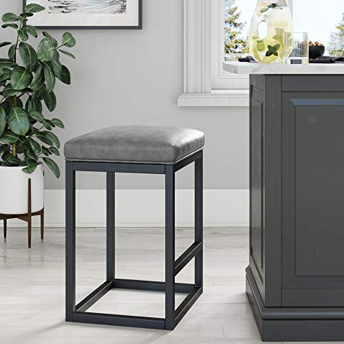 Nathan James Nelson Backless Pub-Height Kitchen Counter Bar Stool with Faux Leather Cushion and Metal Base, 24", Gray/Black