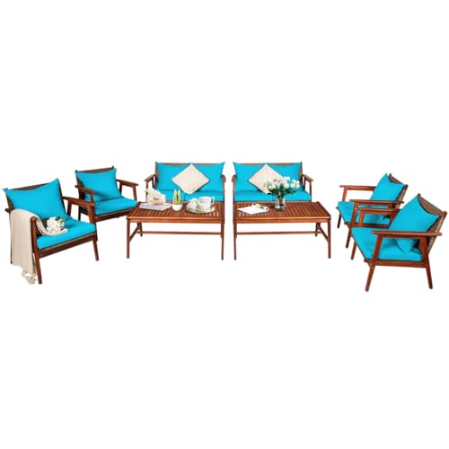 COSTWAY 8PCS Patio Rattan Furniture Set Acacia Wood Frame Cushioned Sofa Chair Turquoise