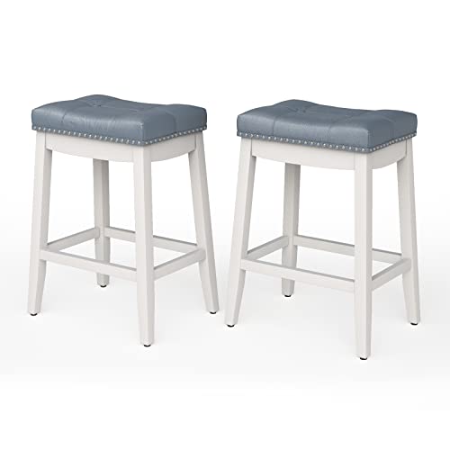 COSTWAY Bar Stools Set of 2, 24-Inch Height Backless Counter Stool with Footrest, Soft Seat Cushion, Wood Legs and Non-Slip Foot Pad, Saddle Stools for Home Kitchen Living Room, Stone Gray+White