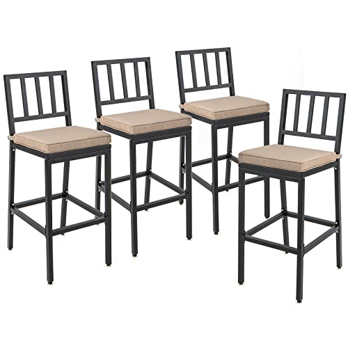 COSTWAY 4 PCS Patio Bar Chairs, Heavy-Duty Metal Frame Bar Stools, Indoor Outdoor All-Weather Resistant Barstools with Detachable Cushion & Footrest, for Patio, Garden, Poolside (4)