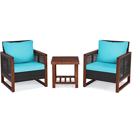 COSTWAY 3PCS Patio Wicker Furniture Set Wooden Frame Cushion Sofa Turquoise