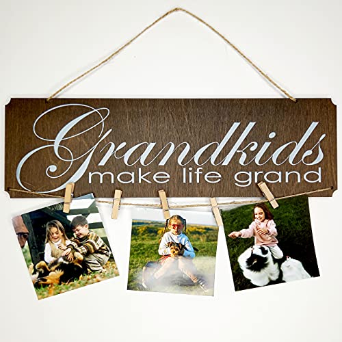 Grandkids Make Life Grand Signs Photo Holder - Grandkids Photo Frame - Gfits for Grandma & Grandpa from Grandchildren - Grandparents Picture Frame 15.7 x 4.7 inch with 6 Clips - White Print