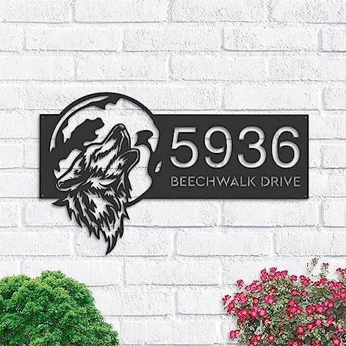 Personalized Wolf Howling on Full Moon Address Sign House Number Plaque Custom Metal Sign 8x8 inches Black Power Coated Home Outdoor Decor Housewarming Gifts