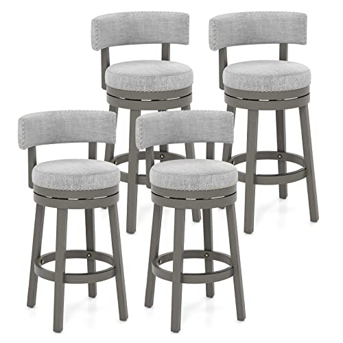 COSTWAY Bar Stools Set of 4, 31-inch 360¡ Swivel Barstool with Upholstered Back & Seat, Solid Rubber Wood Legs & Round Footrest, Farmhouse Bar Height Chair for Home, Bar, Grey (4, Seat Height 31ÔÕ)