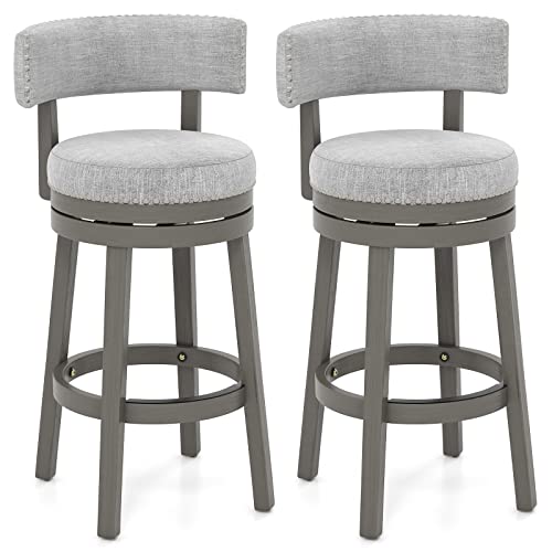 COSTWAY Bar Stools Set of 2, 31-inch 360¡ Swivel Barstool with Upholstered Back & Seat, Solid Rubber Wood Legs & Round Footrest, Farmhouse Bar Height Chair for Home, Bar, Grey (2, Seat Height 31ÔÕ)