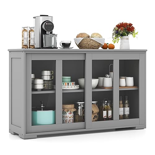 COSTWAY Buffet Sideboard with Storage, 2-Door Floor Cupboard with Sliding Tempered Glass Cabinet & Adjustable Shelf, Stackable Storage Cabinet for Kitchen, Entryway (Gray)