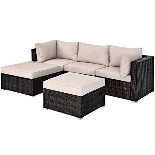 COSTWAY 5PCS Patio Rattan Furniture Set Sectional Conversation Set Ottoman Table Beige