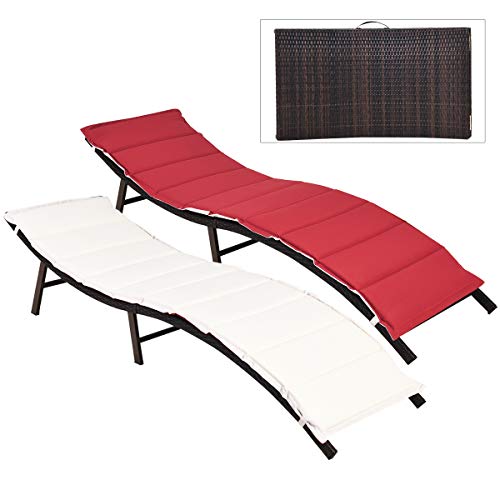 COSTWAY 2PCS Patio Rattan Folding Lounge Chair Chaise Stackable Double Sided Cushion