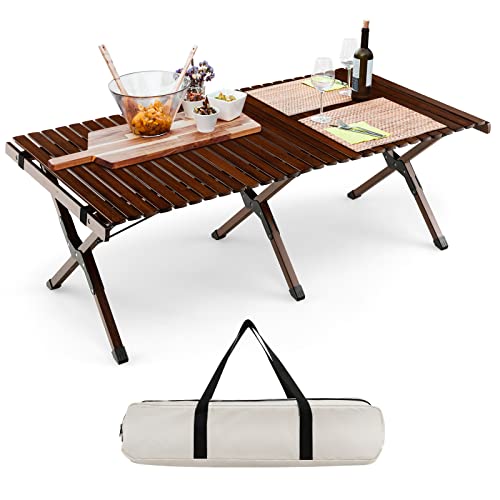 COSTWAY Folding Picnic Table, Portable 4ft Roll Up Camping Table with Storage Bag, for 4-6 People, Low Height Foldable Bamboo Bench Table, for Indoor & Outdoor Party, BBQ and Hiking (Brown)