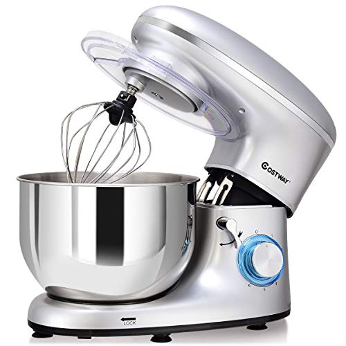 COSTWAY Stand Mixer, 6.3-Qt 660W 6-Speed Electric Mixer with Stainless Steel Bowl, Tilt-Head Food Mixer with Dough Hook, Beater, Whisk (Sliver)