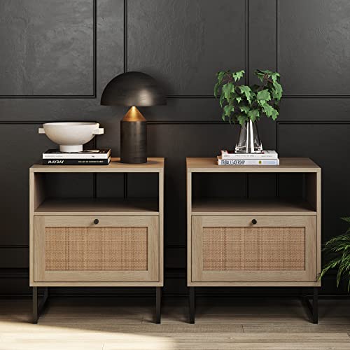 Nathan James Mina Rattan Wood End Side Accent Table Nightstand with Storage, Set of 2, Oak/Black