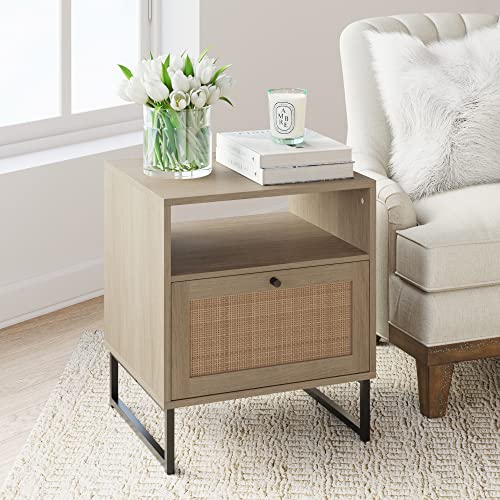 Nathan James Mina Rattan Wood End Side Accent Table Nightstand with Storage, 1, Oak/Black