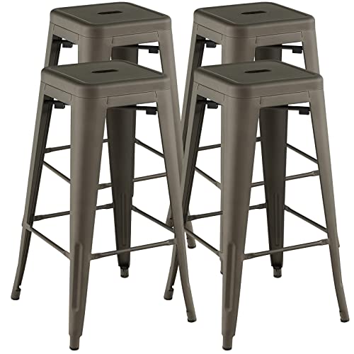 COSTWAY Bar Stools Set of 4, 30Ó Bar Height Metal Stools with Rubber Footpads & Handling Hole, X-Shaped Reinforced Design, Stackable Stools, for Kitchen, Dining Room, Pub (Gun, 30ÔÕ)