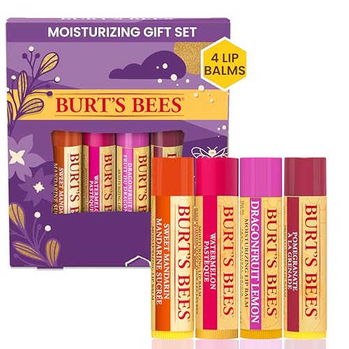 Burt's Bees Christmas Gifts, 4 Lip Balm Stocking Stuffers Products, Beeswax Bounty Set - Pomegranate, Sweet Mandarin, Coconut and Pear & Watermelon (4-Pack)