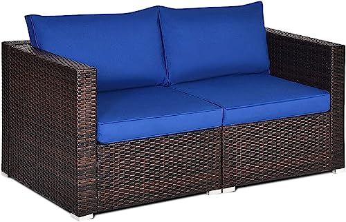 COSTWAY 2PCS Patio Rattan Corner Sofa Sectional Furniture Set Navy Cushion