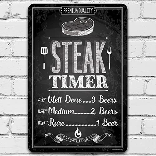 Grill Signs - Durable Metal Sign - Use Indoor/Outdoor - Great Grill and Barbeque Restaurant Decor and Gift (12" x 18", Steak Timer)