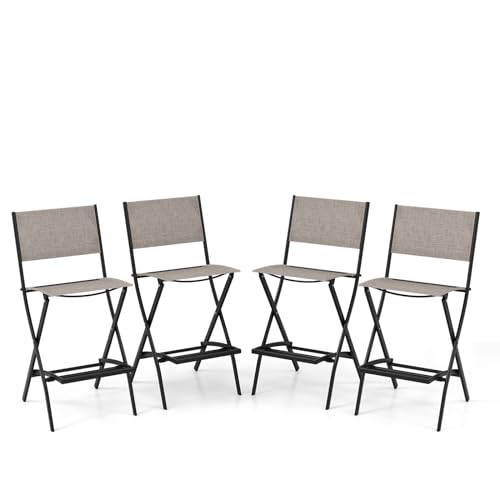 COSTWAY Outdoor Patio Bar Chair Set of 4, Folding Bar Height Stool with Metal Frame & Footrest, Patio Bar Stool for Balcony, Garden & Poolside (4, Coffee)