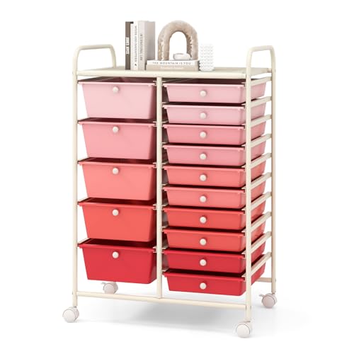 COSTWAY 15 Drawers Storage Cart, Multipurpose Rolling Utility Cart on Wheels w/Lockable Wheels & Removable Drawers, Mobile Tools Scrapbook Paper Organizer Cart for Office School Home, Mixed Pink