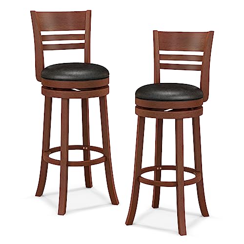 COSTWAY Bar Stools, 360-Degree Swivel Bar Chairs with PU Upholstered Seats, Solid Rubber Wood Backrests, Footrests & Legs, Bar Height Stools with Backs for Kitchen, Bar, Brown (2)