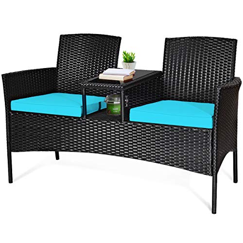 COSTWAY Patio Rattan Conversation Set Seat Sofa Cushioned Loveseat Chairs Turquoise