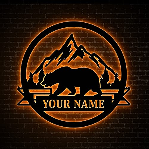 Bear Metal Sign LED Lights, Great Outdoor, Bear In Woods Cabin Sign, Family Name Black Bear Sign, Personalized Bear Sign