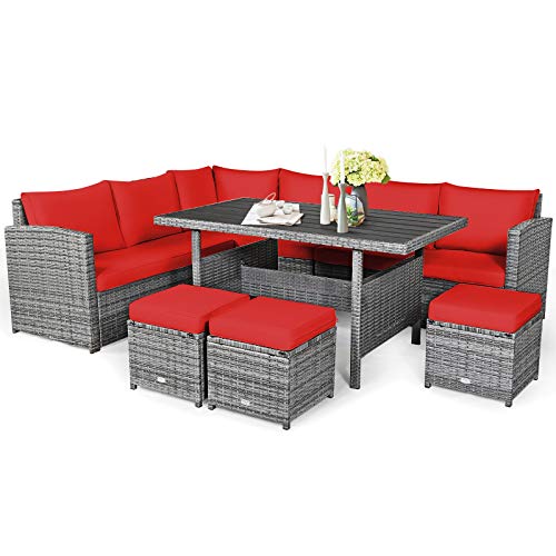 COSTWAY 7 PCS Patio Rattan Dining Set Sectional Sofa Couch Ottoman Garden Red